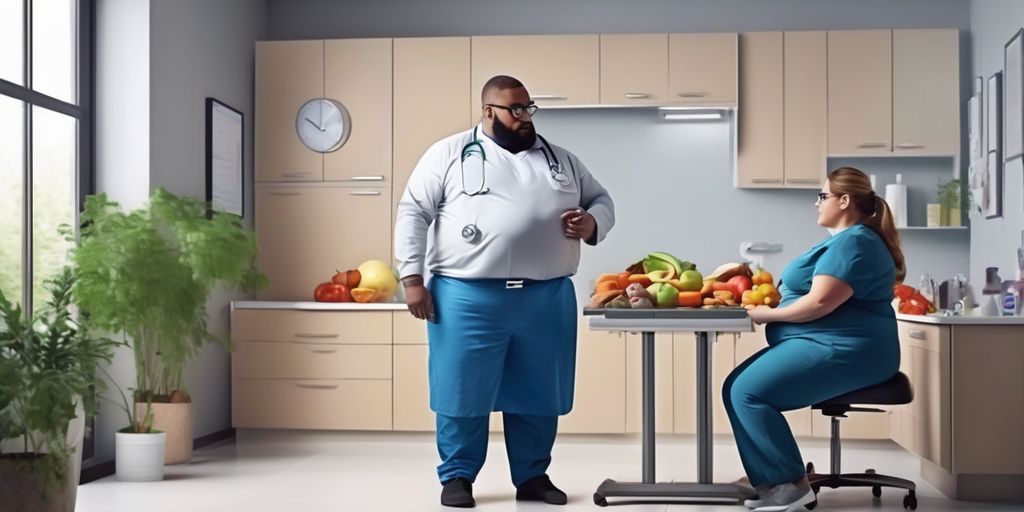 nutritionist consulting overweight patient in clinic