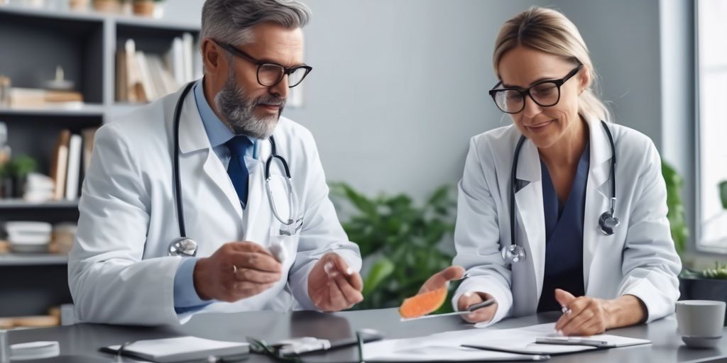 nutritionist and doctor discussing health benefits in a clinic