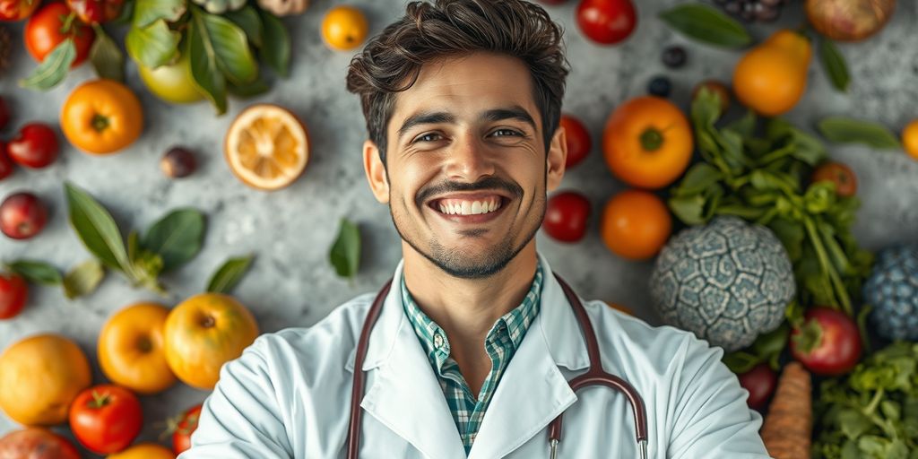 Médico sorridente com frutas e vegetais frescos