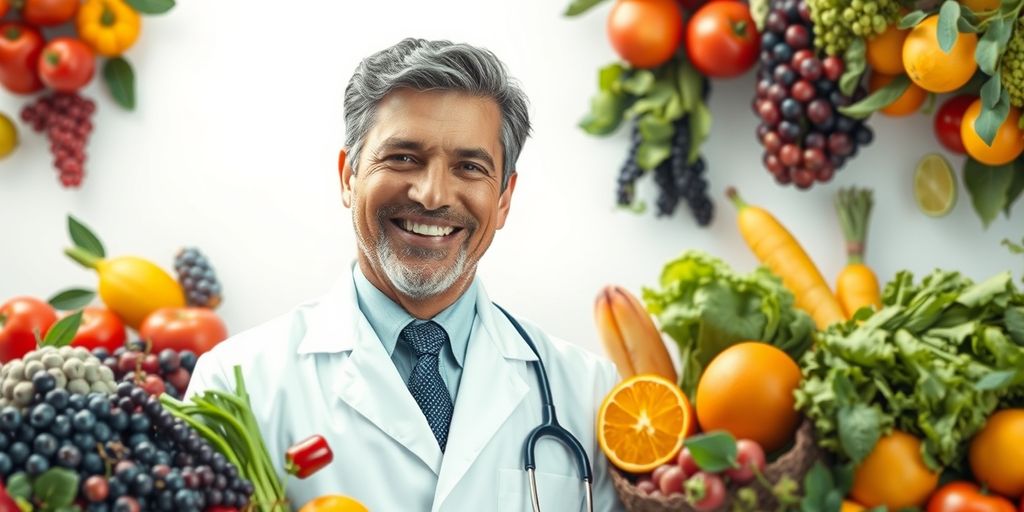 Médico com frutas e vegetais, simbolizando emagrecimento.