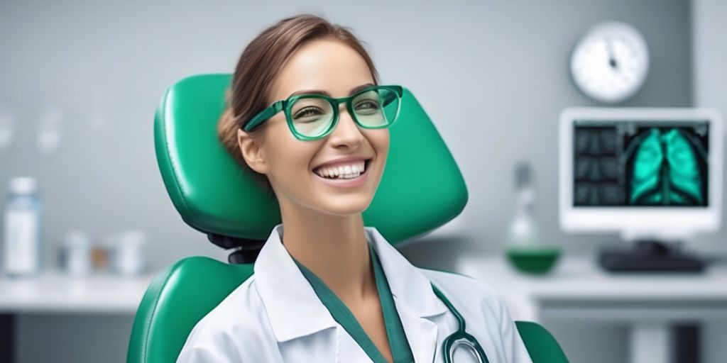 Médico sorridente com paciente segurando maçã verde.