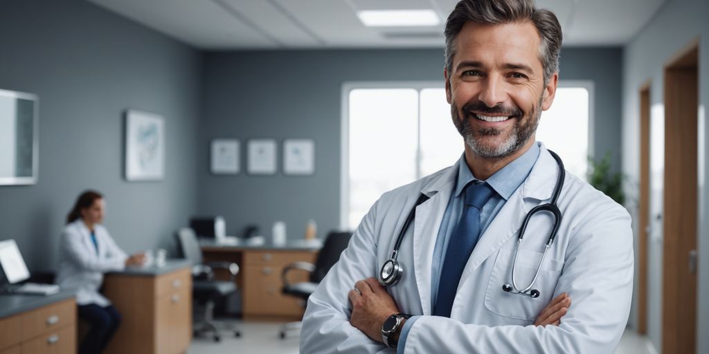 Médico confiante com estetoscópio sorrindo na clínica.