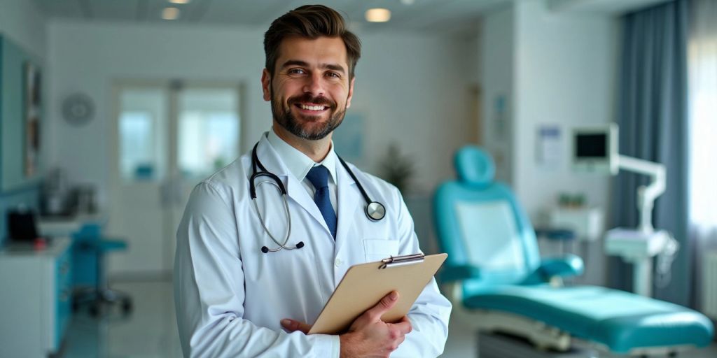 Médico confiante com prancheta na clínica.