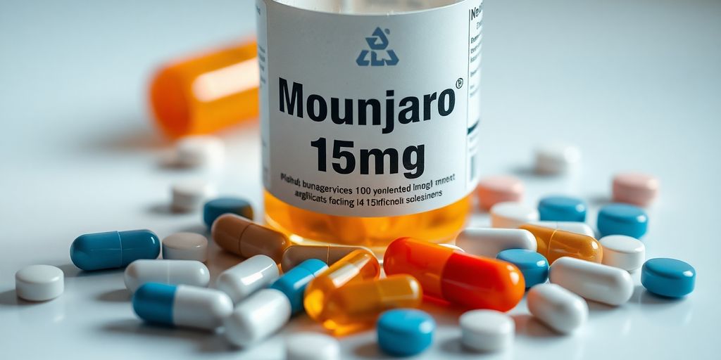 Frasco de Mounjaro 15mg com comprimidos ao redor.