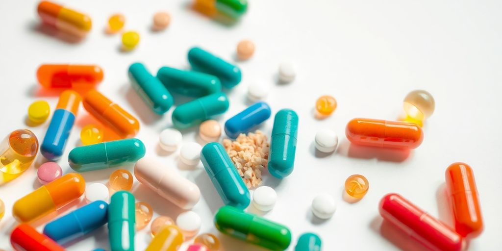 Pílulas de emagrecimento e suplementos em um fundo branco.