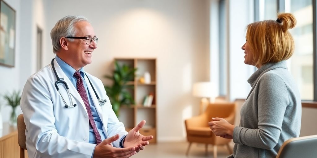 Médico sorridente consultando paciente em consultório moderno.
