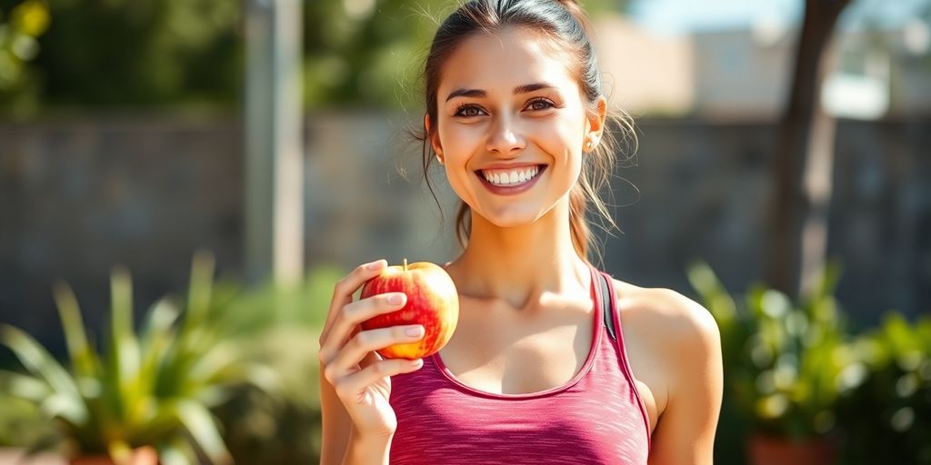 Mulher feliz com roupas de ginástica segurando uma maçã.