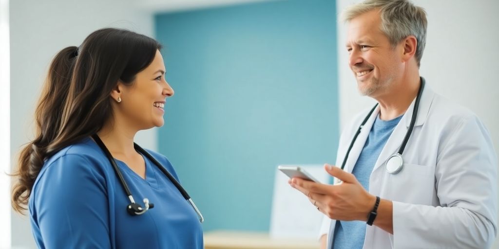 Médico sorrindo ajudando paciente com perda de peso.