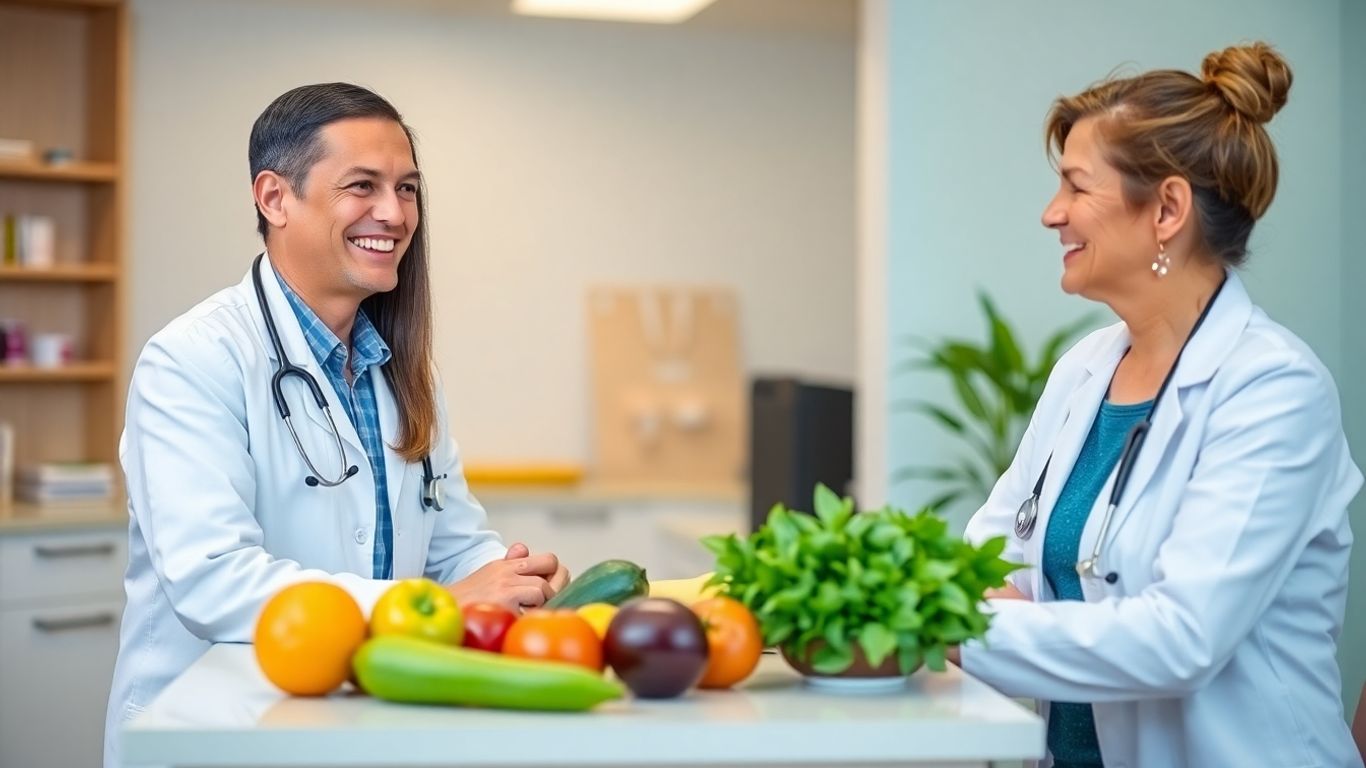 Médico orientando paciente sobre emagrecimento em consultório moderno.