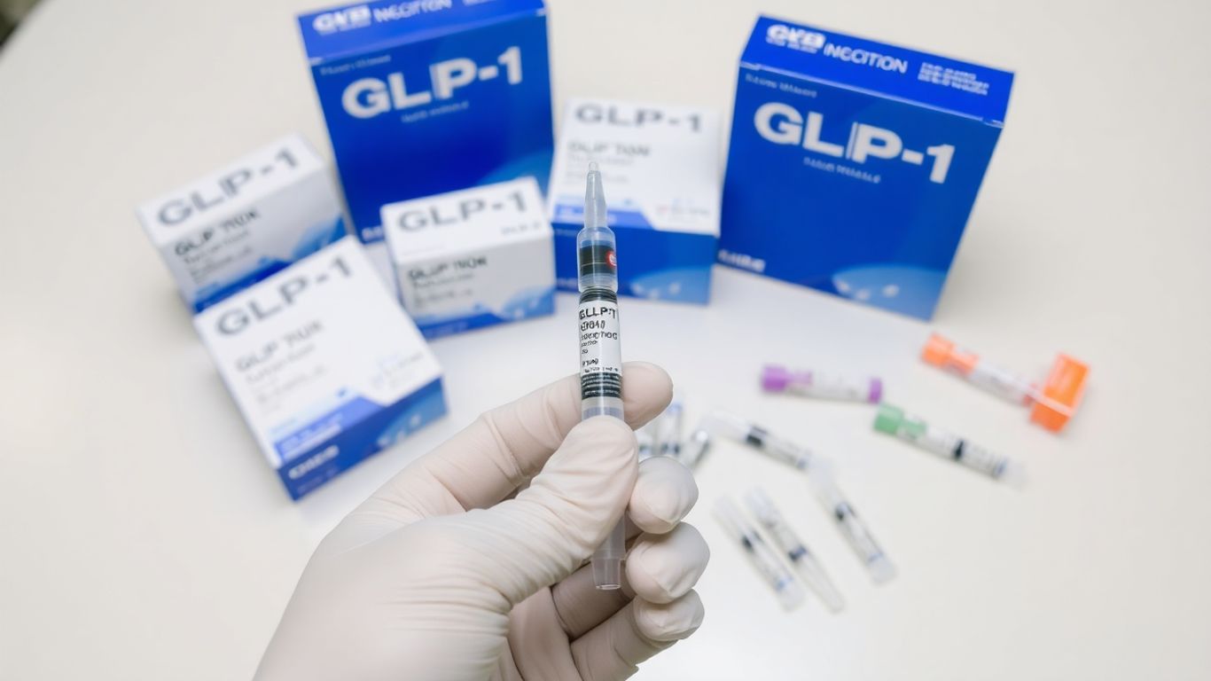 Medicamentos GLP-1 e canetas injetoras em mesa clínica