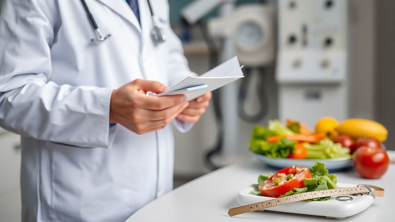 Médico com prescrição e balança para emagrecimento.