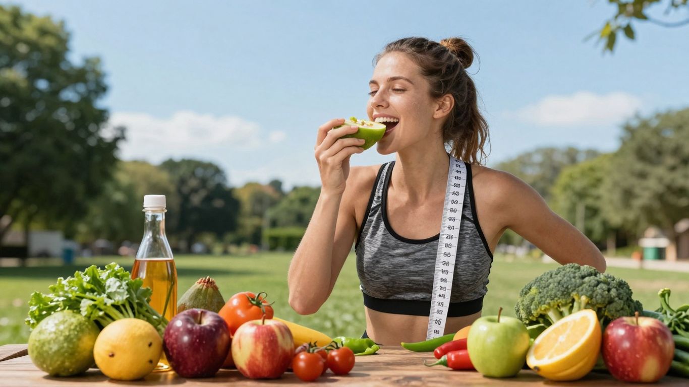 Pessoa comendo alimentos saudáveis e se exercitando para emagrecer.