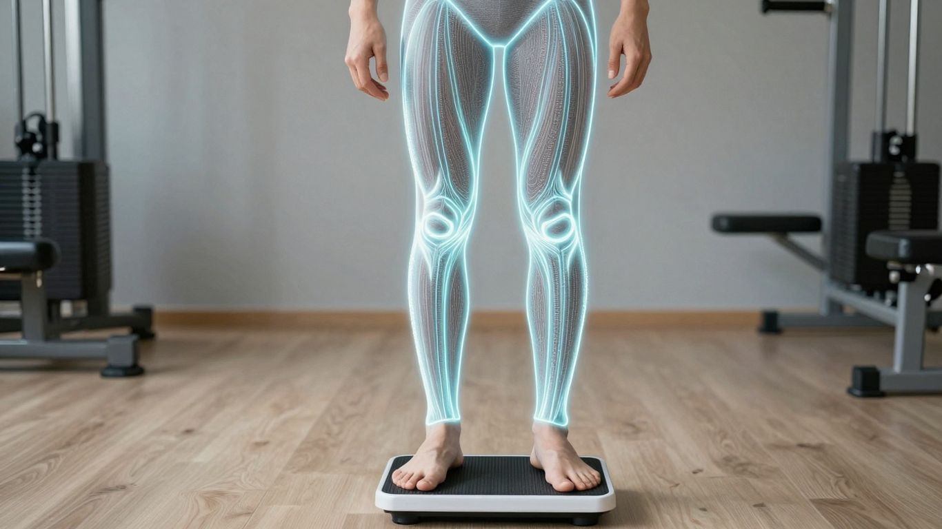 Pessoa em balança de bioimpedância, análise corporal completa.
